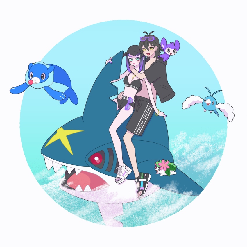 1boy, 1girl, :d, aipom, arm_around_neck, baseball_cap, bikini, black_bikini