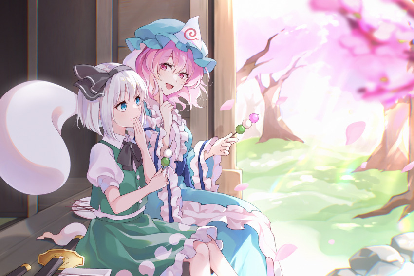 2girls, :d, :t, black_bow, black_bowtie, black_hairband, black_ribbon, blue_eyes