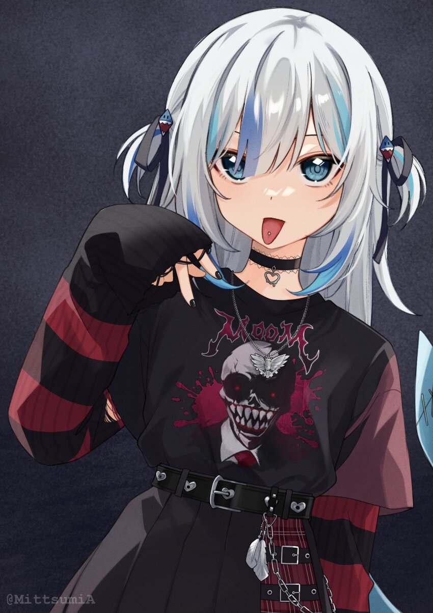 1girl, black_choker, black_nails, blue_eyes, blue_hair, choker, commentary, cosplay