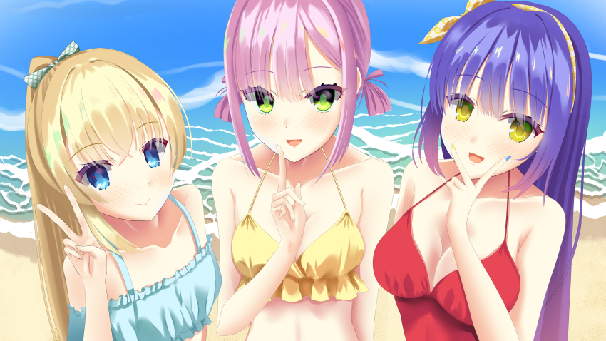 3girls, :d, absurdres, aqua_bikini, bare_arms, bare_shoulders, beach, bikini