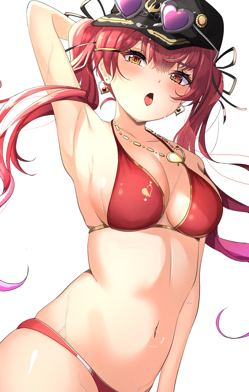 1girl, absurdres, arm_behind_head, arm_up, armpits, baseball_cap, bikini, black_hat, blush, breasts, cleavage, earrings, eyewear_on_head, gold_earrings, gold_necklace, gradient_hair, hat, heart, heart-shaped_eyewear, heart_earrings, heart_necklace, heterochromia, highres, hololive, houshou_marine, houshou_marine_(summer), jewelry, large_breasts, long_hair, looking_at_viewer, multicolored_hair, navel, necklace, official_alternate_costume, open_mouth, purple_hair, red_bikini, red_eyes, red_hair, sunglasses, swimsuit, tongue, tongue_out, twintails, virtual_youtuber, wet, yellow_eyes, yunon_oto_mad