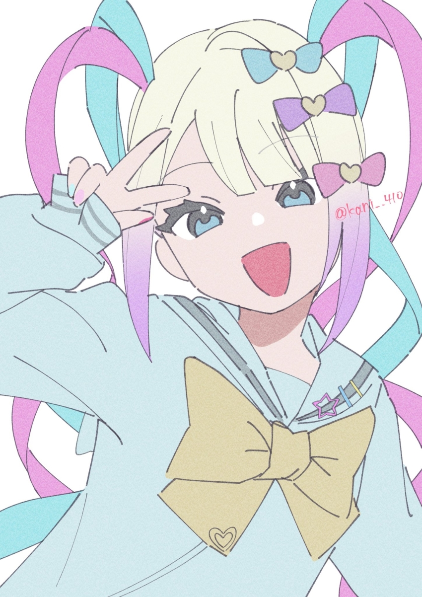 1girl, :d, blonde_hair, blue_bow, blue_eyes, blue_hair, blunt_bangs, bow, chouzetsusaikawa_tenshi-chan, commentary, gradient_hair, hair_bow, hair_ornament, hand_up, heart, heart_hair_ornament, highres, kani_410, long_hair, long_sleeves, looking_at_viewer, multicolored_hair, nail_polish, needy_girl_overdose, open_mouth, pink_bow, pink_hair, purple_bow, purple_hair, quad_tails, simple_background, sleeves_past_wrists, smile, solo, untranslatable_commentary, twitter_username, upper_body, v, white_background, yellow_bow