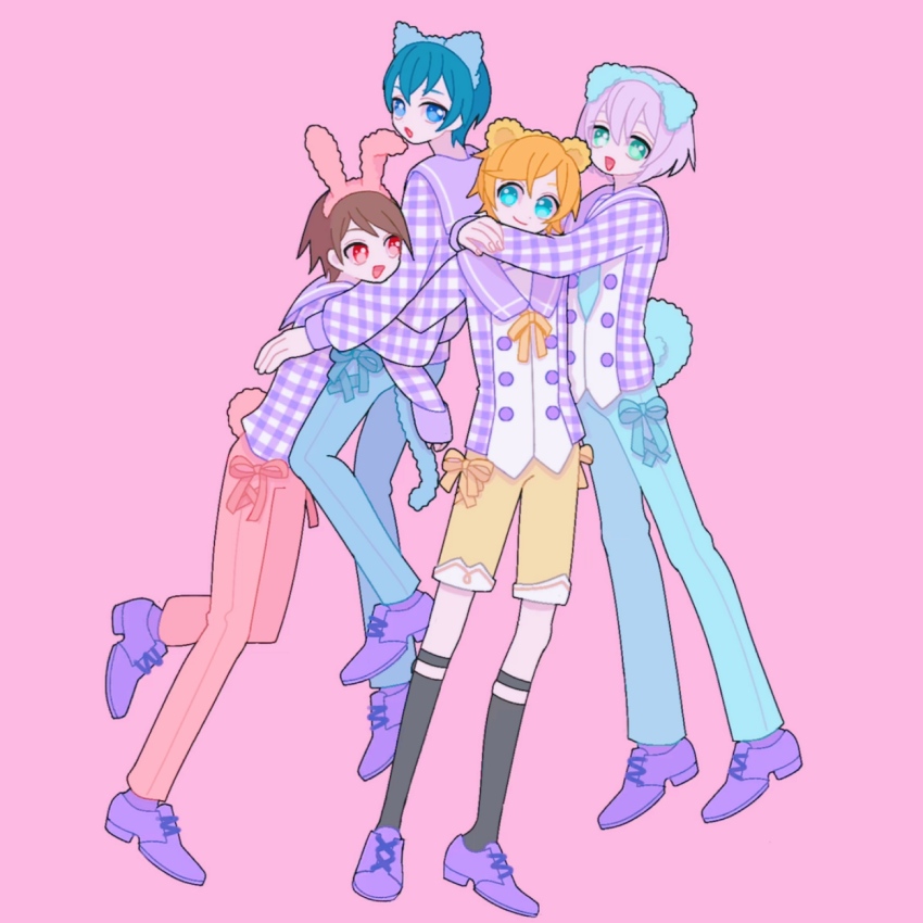 4boys, animal_ear_hairband, animal_ears, black_socks, blue_eyes, blue_hair, blue_pants, brown_hair