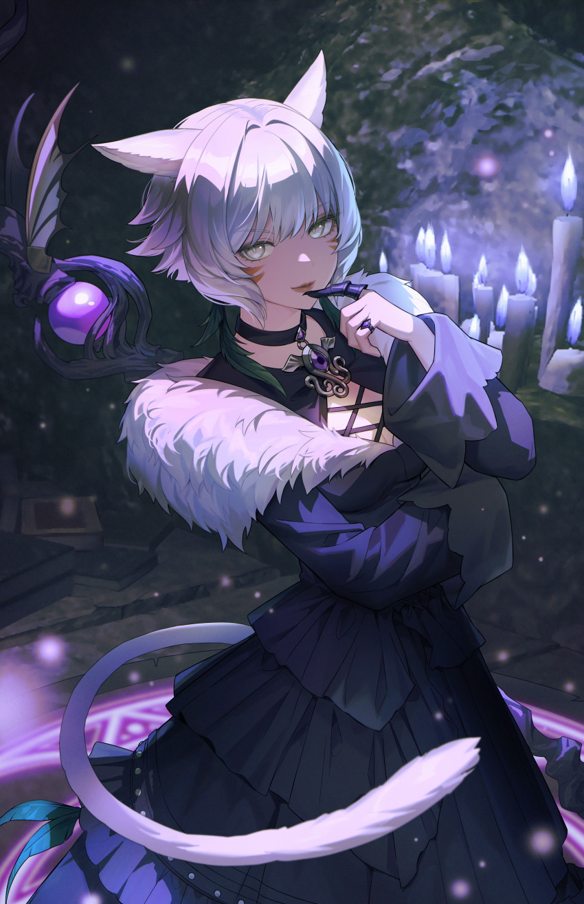 1girl, absurdres, animal_ears, baegbalbaegjung, black_choker, black_dress, book, breasts, candle, candlelight, cat_ears, cat_tail, choker, cleavage, cross-laced_clothes, dark-skinned_female, dark_skin, dress, facial_mark, feathers, final_fantasy, final_fantasy_xiv, finger_to_mouth, frilled_dress, frills, grey_eyes, hair_intakes, highres, holding, holding_staff, light_particles, light_smile, looking_at_viewer, miqo'te, red_lips, short_hair, sigil, solo, staff, tail, whisker_markings, white_hair, y'shtola_rhul