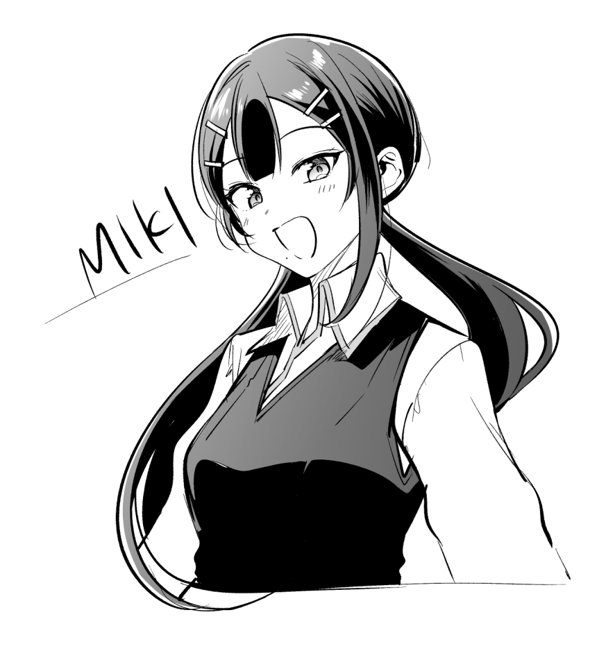 1girl, :d, blush, breasts, collared_shirt, commentary_request, cropped_torso, dress