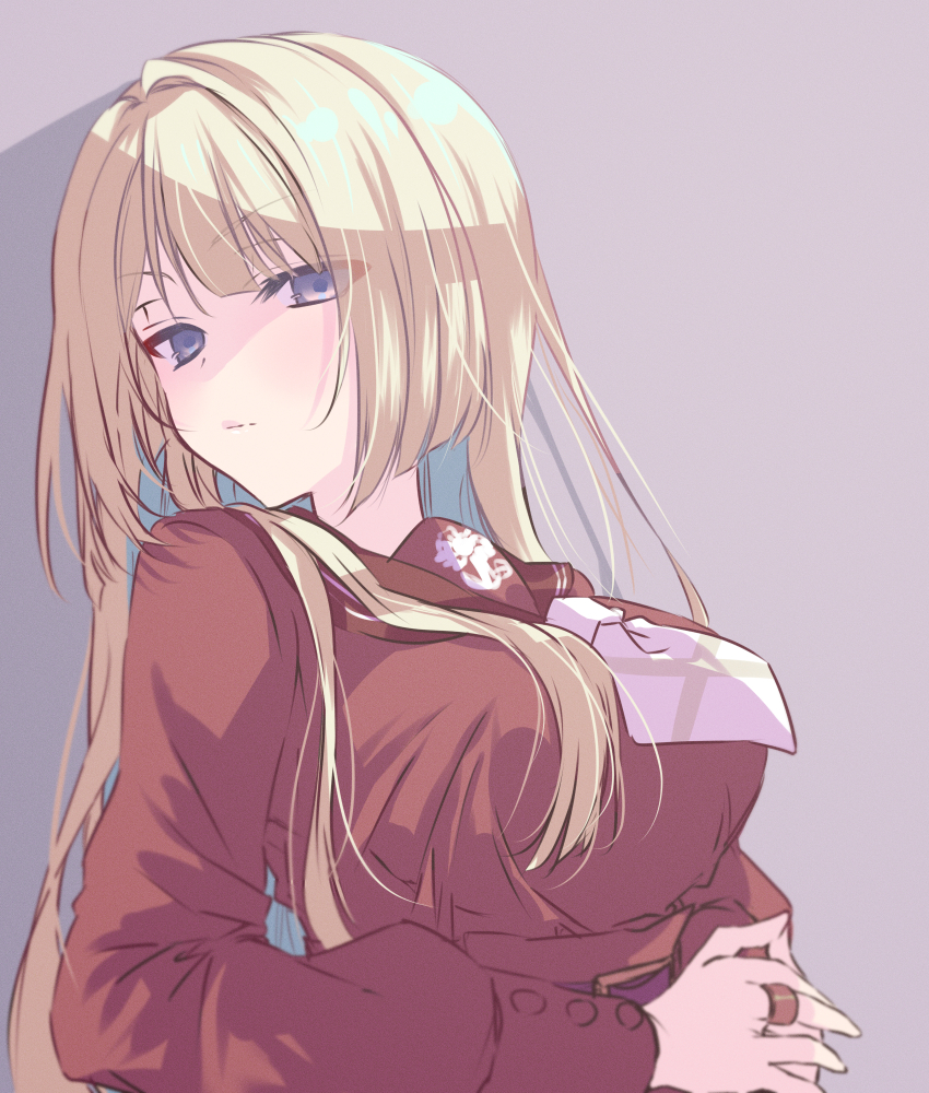 1girl, assault_lily, belt, belt_buckle, blonde_hair, breasts, brown_background, brown_sailor_collar
