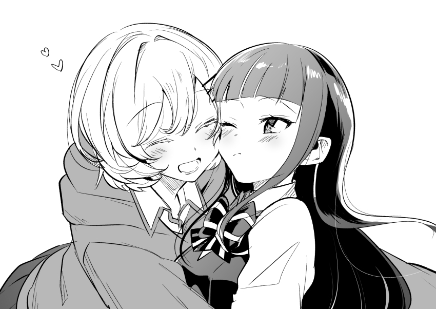 2girls, blunt_bangs, blush, bow, bowtie, closed_eyes, commentary_request, greyscale, hair_ornament, hairclip, heart, highres, hood, hood_down, hoodie, hug, long_hair, lower_teeth_only, monochrome, multiple_girls, one_eye_closed, open_mouth, pleated_skirt, sasayaku_you_ni_koi_wo_utau, school_uniform, short_hair, sidelocks, simple_background, skirt, striped_bow, striped_bowtie, striped_clothes, tachibana_kaori_(sasakoi), teeth, tsutsui_mari_(sasakoi), white_background, yuama, yuri