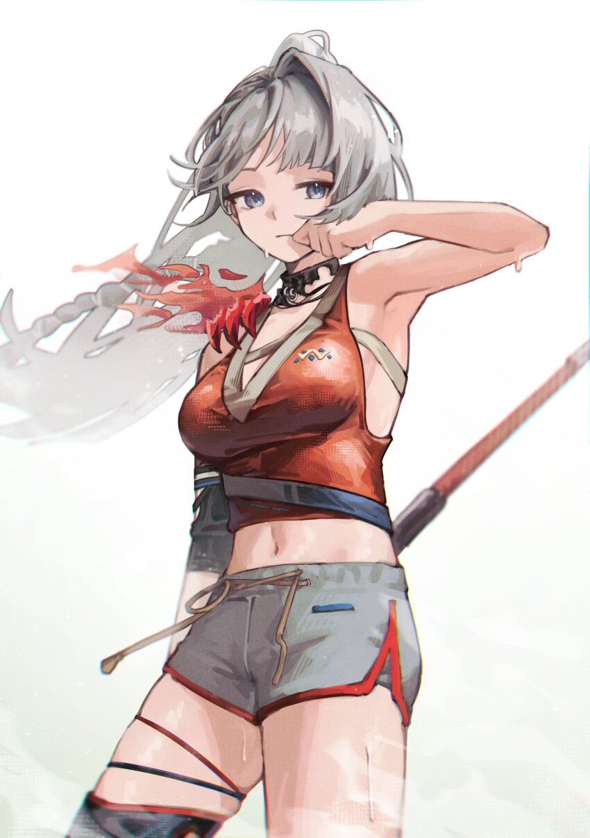 1girl, absurdres, arm_up, armpits, black_choker, blue_eyes, breasts, choker