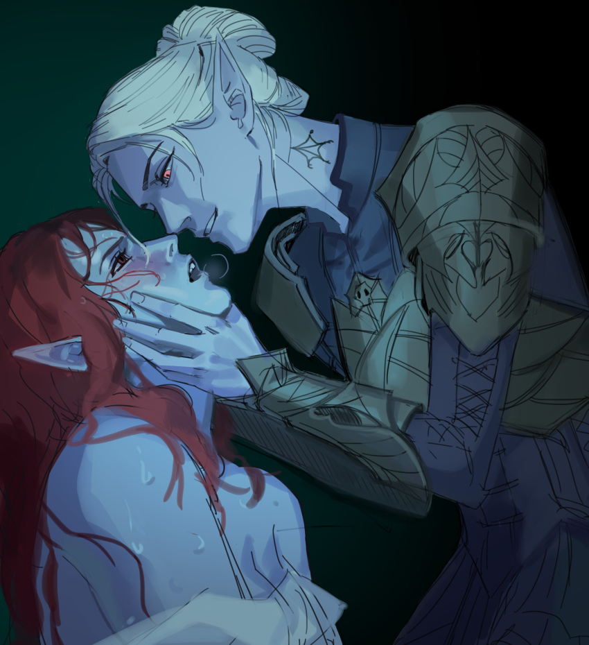 2girls, absurdres, armor, baldur's_gate, baldur's_gate_3, bare_shoulders, breastplate, breath, colored_skin, dark_elf, dungeons_&amp;_dragons, elf, eye_contact, face-to-face, from_side, glowing, glowing_eye, green_background, grey_skin, hair_bun, hands_on_another's_face, highres, kanaewit, long_hair, looking_at_another, minthara, multiple_girls, neck_tattoo, oc_x_canon, off_shoulder, open_mouth, pauldrons, pointy_ears, red_eyes, red_hair, short_hair, shoulder_armor, simple_background, single_hair_bun, sketch, smile, sweat, tattoo, tav_(baldur's_gate), upper_body, vambraces, white_hair, yuri