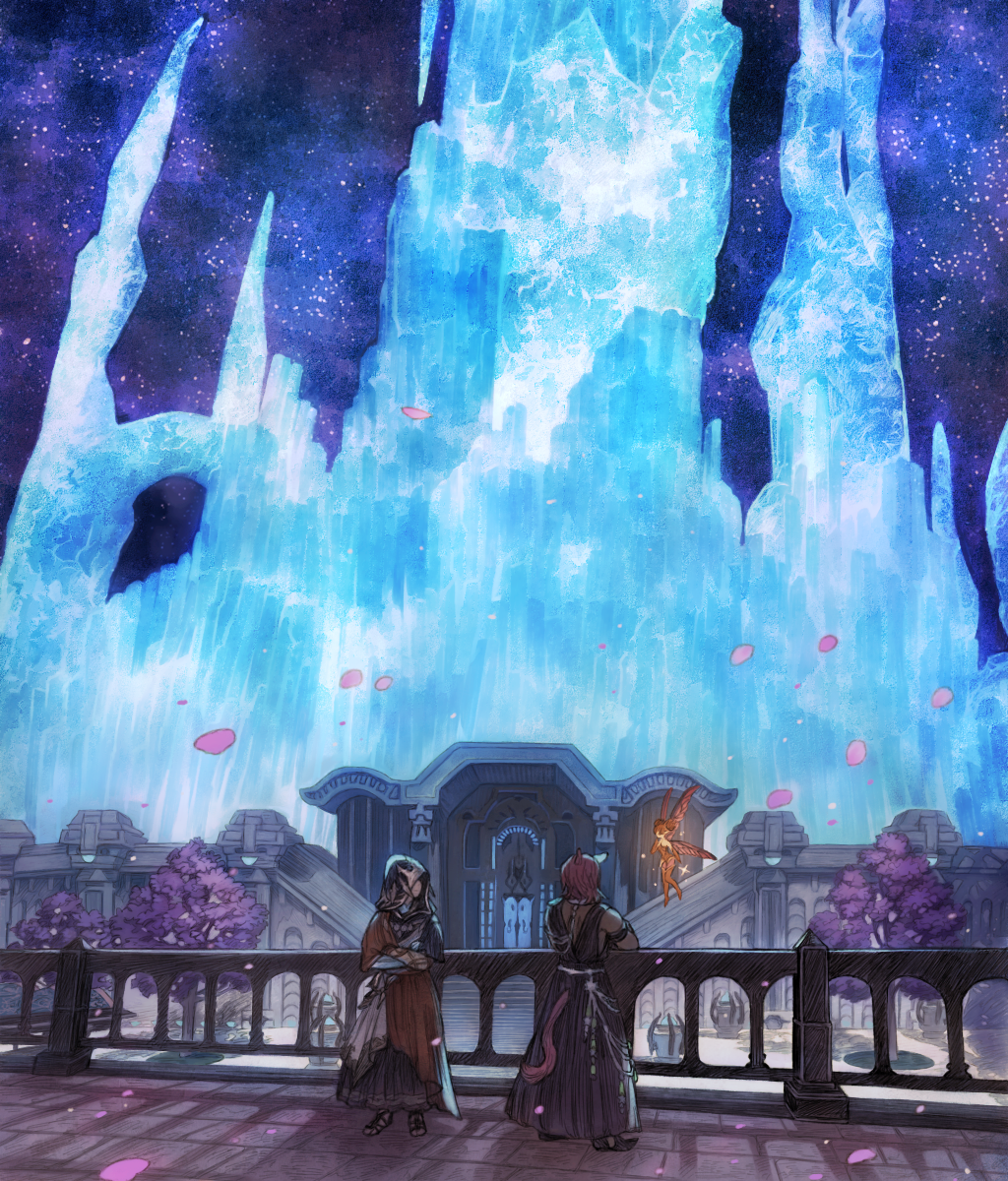 1other, 2boys, animal_ears, black_footwear, black_robe, building, cat_boy, cat_ears