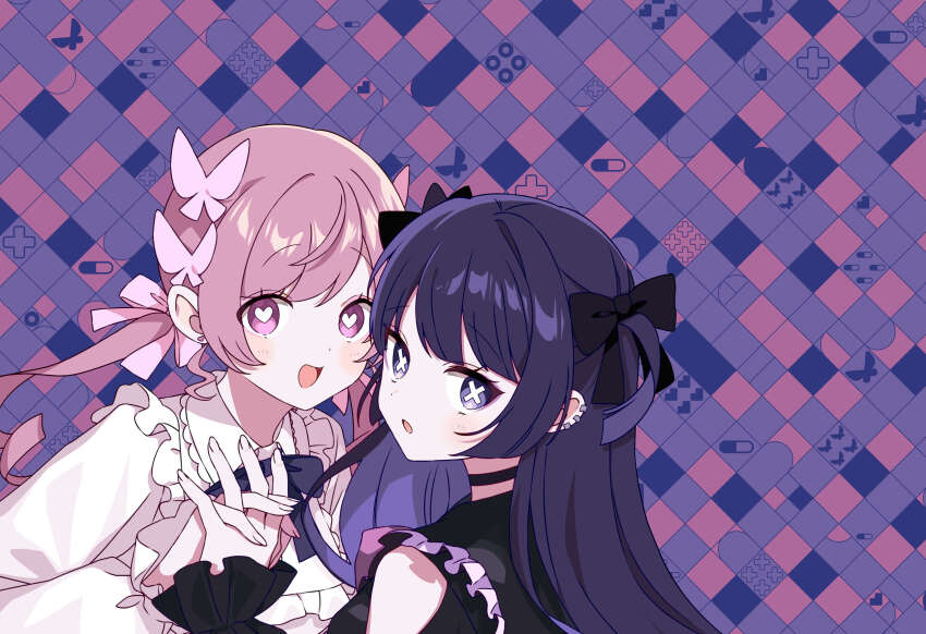 2girls, absurdres, album_cover, black_bow, black_bowtie, black_shirt, black_sleeves, blunt_bangs