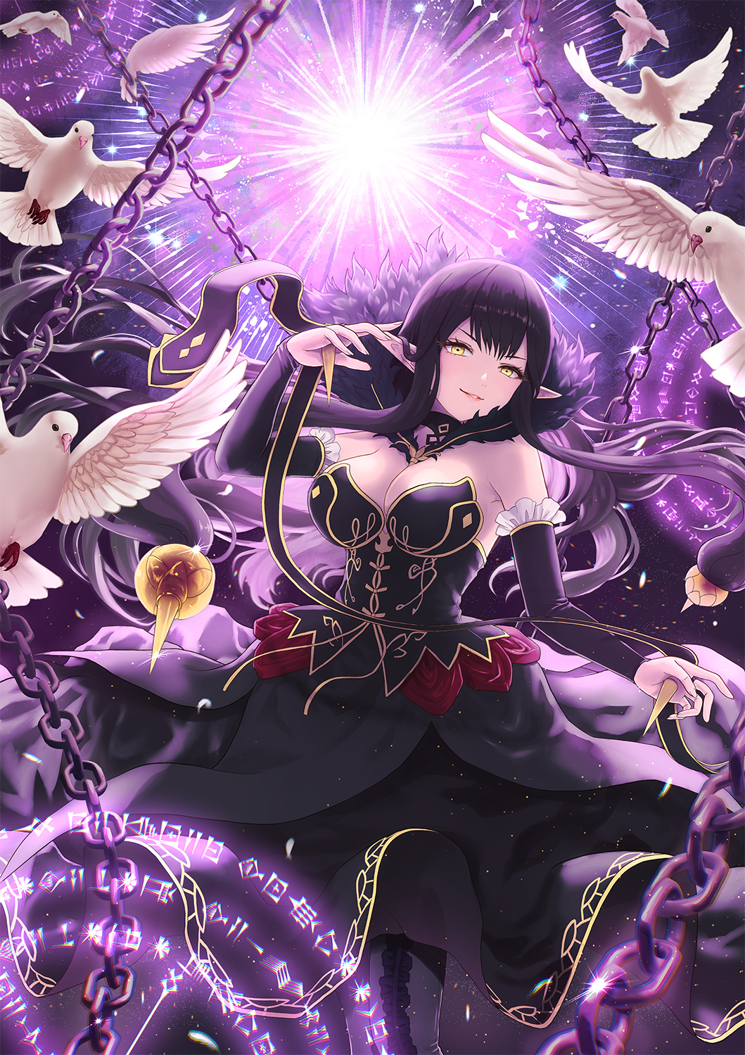 1girl, alha, bare_shoulders, bird, black_dress, black_hair, breasts, bridal_gauntlets