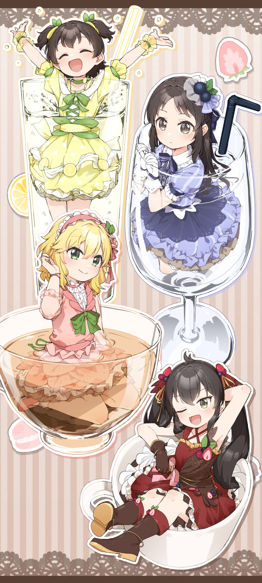 4girls, ;d, ^_^, absurdres, akagi_miria, anklet, arm_at_side, arm_behind_head, arm_rest, arm_up, armpits, arms_up, back_bow, black_hair, blonde_hair, blue_bow, blue_bowtie, blue_dress, blue_ribbon, blueberry, blueberry_hair_ornament, blush, boots, border, bow, bowtie, brown_background, brown_border, brown_dress, brown_eyes, brown_footwear, brown_gloves, brown_hair, bubble, buttons, center_frills, choker, closed_eyes, closed_mouth, coffee_mug, collared_dress, commentary, cowlick, criss-cross_wristbands, cross-laced_clothes, cross-laced_dress, cup, double-parted_bangs, dress, dress_bow, drinking_glass, drinking_straw, eyelashes, facing_viewer, flower, fold-over_boots, food, food-themed_hair_ornament, frilled_dress, frilled_hairband, frilled_shirt, frilled_shirt_collar, frilled_skirt, frilled_sleeves, frills, fruit, glitter_dress, gloves, green_bow, green_bowtie, green_choker, green_eyes, green_ribbon, hair_between_eyes, hair_bow, hair_flip, hair_flower, hair_ornament, hair_ribbon, hair_tie, hairband, hand_up, highres, idolmaster, idolmaster_cinderella_girls, jewelry, knee_boots, kneeling, lace, lace-trimmed_dress, lace_border, lace_bow, lace_trim, leaf_hair_ornament, legs_folded, lemon, lemon_slice, lemonade, long_bangs, long_hair, long_sleeves, looking_at_viewer, looking_to_the_side, macaron, matoba_risa, medium_hair, mug, multicolored_dress, multiple_girls, o/, one_eye_closed, open_hands, open_mouth, ornate_border, outline, outstretched_arms, outstretched_hand, parted_bangs, partially_submerged, pink_bow, pink_flower, pink_hairband, pink_rose, pink_sash, pink_shirt, pink_shoes, pink_skirt, puffy_short_sleeves, puffy_sleeves, purple_bow, raspberry, raspberry_hair_ornament, red_bow, red_dress, ribbon, rose, sakurai_momoka, sash, see-through_clothes, see-through_sleeves, see-through_wrist_cuffs, shirt, shoe_soles, shoes, short_dress, short_sleeves, short_twintails, sitting, skirt, sleeve_ribbon, sleeveless, sleeveless_dress, smile, splashing, strawberry, strawberry_hair_ornament, strawberry_slice, striped_background, striped_bow, striped_bowtie, striped_clothes, striped_dress, tachibana_arisu, tea, teabag, teacup, twintails, white_gloves, white_outline, white_shirt, wine_glass, wrist_cuffs, yellow_bow, yellow_dress, yellow_eyes, yellow_ribbon, yellow_wrist_cuffs, yokozuwari, yukie_(kusaka_shi)