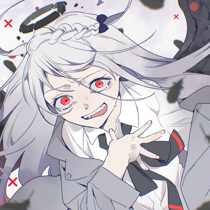 1girl, absurdres, album_cover, angel, angel_chan_(tuyu), angel_wings, black_feathers, black_halo, black_ribbon, black_wings, blazer, blue_bow, bow, braid, cover, crying, crying_with_eyes_open, dark_halo, doro_no_bunzai_de_watashi_dake_no_taisetsu_wo_ubaou_da_nante, falling_feathers, feathered_wings, feathers, fingernails, gradient_hair, grey_jacket, hair_bow, halo, highres, jacket, long_hair, multicolored_hair, neck_ribbon, off_shoulder, official_art, omutatsu, open_clothes, open_jacket, open_mouth, red_eyes, red_hair, ribbon, sad, shirt, single_braid, solo, sweat, tears, tuyu_(band), white_background, white_hair, white_shirt, wings, x_(symbol)