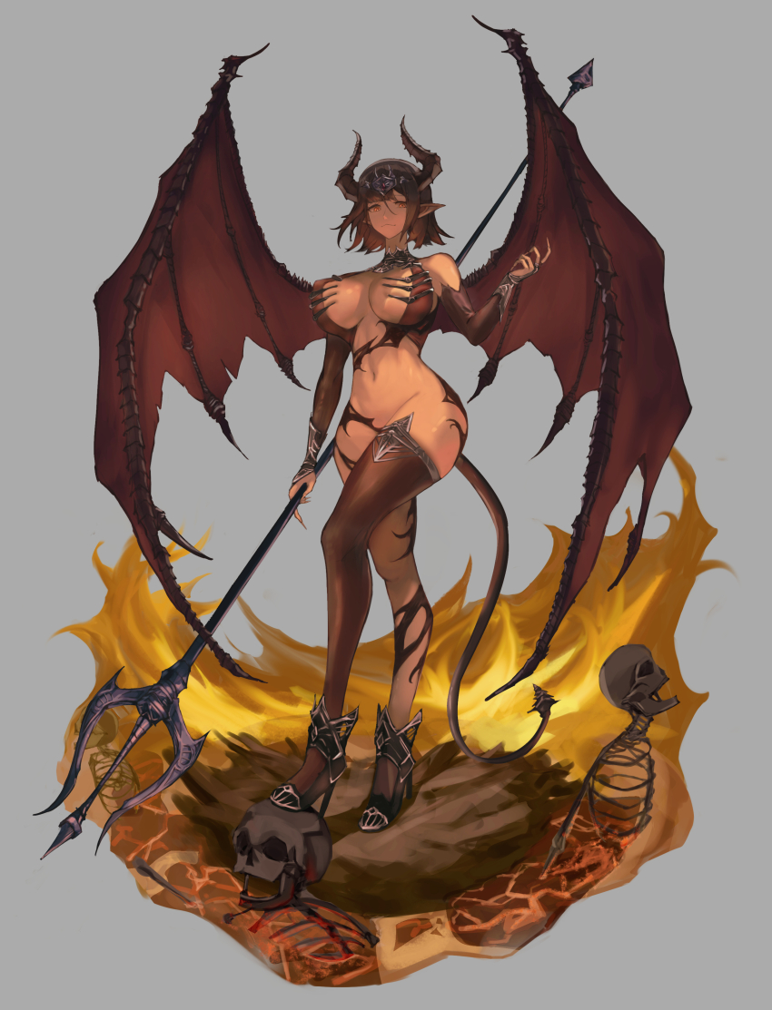 1girl, absurdres, breasts, bridal_gauntlets, brown_hair, demon_girl, demon_horns, demon_tail, demon_wings, elbow_gloves, fingernails, fire, full_body, gloves, grey_background, hell, high_heels, highres, holding_polearm, horns, large_breasts, long_fingernails, navel, orange_eyes, original, pointy_ears, polearm, revealing_clothes, sharp_fingernails, short_hair, single_thighhigh, skeleton, skindentation, skull, solo, tail, teaz917, thighhighs, trident, weapon, wings