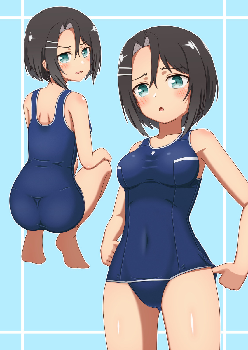 1girl, absurdres, adjusting_clothes, adjusting_swimsuit, ass, black_hair, blue_background, blue_one-piece_swimsuit