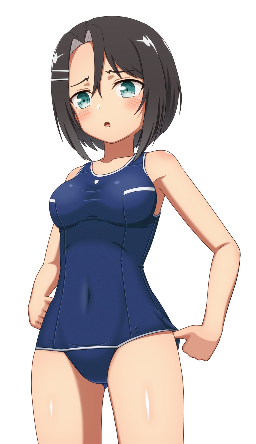 1girl, absurdres, adjusting_clothes, adjusting_swimsuit, black_hair, blue_one-piece_swimsuit, breasts, colored_inner_hair