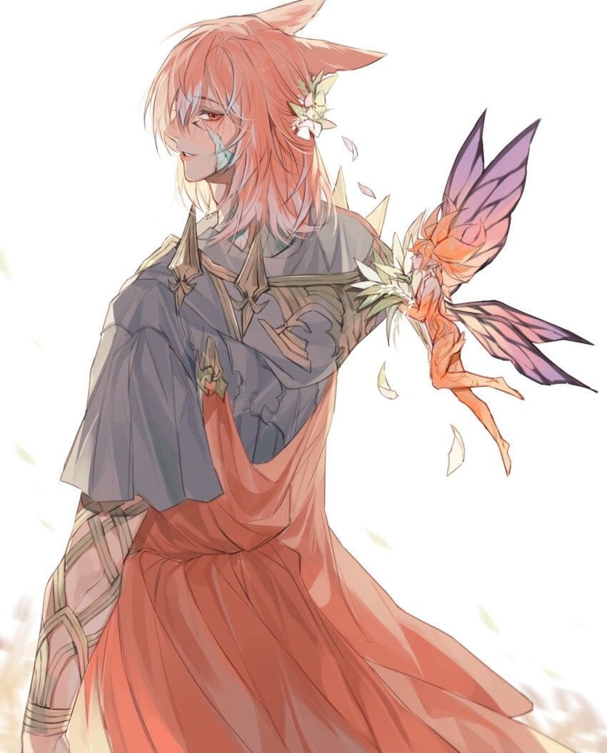 1boy, 1other, alternate_hairstyle, animal_ears, cat_ears, cloak, crystal_exarch, fairy