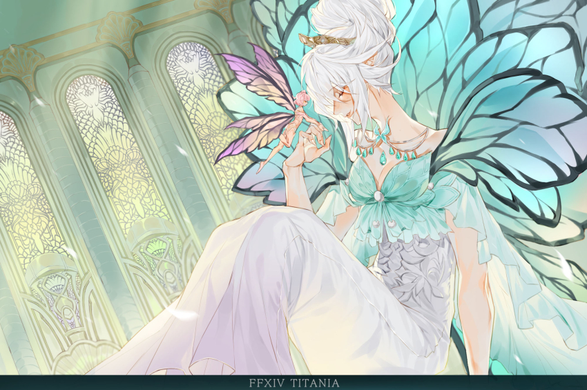 1girl, 1other, beehive_hairdo, breasts, cathedral, character_name, church, cleavage