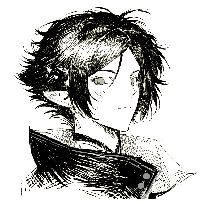 16shiliuyu_(shang_shan_yu), 1boy, arknights, chinese_commentary, closed_mouth, commentary_request, earrings, greyscale, hatching_(texture), high_collar, highres, jewelry, light_smile, linear_hatching, lineart, looking_at_viewer, male_focus, monochrome, parted_bangs, pointy_ears, portrait, simple_background, solo, white_background, zuo_le_(arknights)