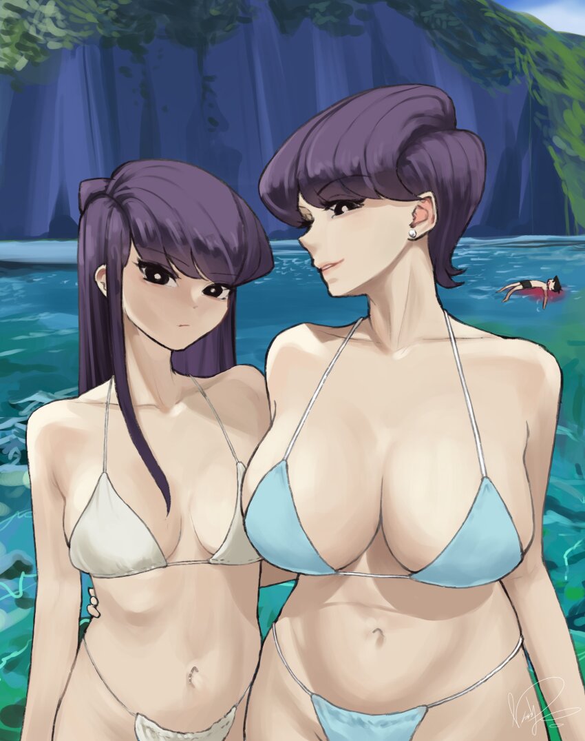 1boy, 2girls, absurdres, aroused_nosebleed, bikini, black_eyes, black_hair, blood, blue_bikini, breasts, highres, komi-san_wa_komyushou_desu, komi_shouko, komi_shuuko, large_breasts, long_hair, mature_female, mom_and_her_daughter_(meme), mother_and_child, mother_and_daughter, mountain, multiple_girls, nanndayoo, navel, nosebleed, outdoors, parent_and_child, short_hair, swimsuit, tadano_hitohito, water, white_bikini