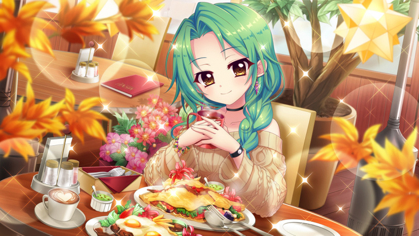 1girl, aran_sweater, autumn_leaves, bare_shoulders, black_choker, blurry, blurry_foreground, bracelet