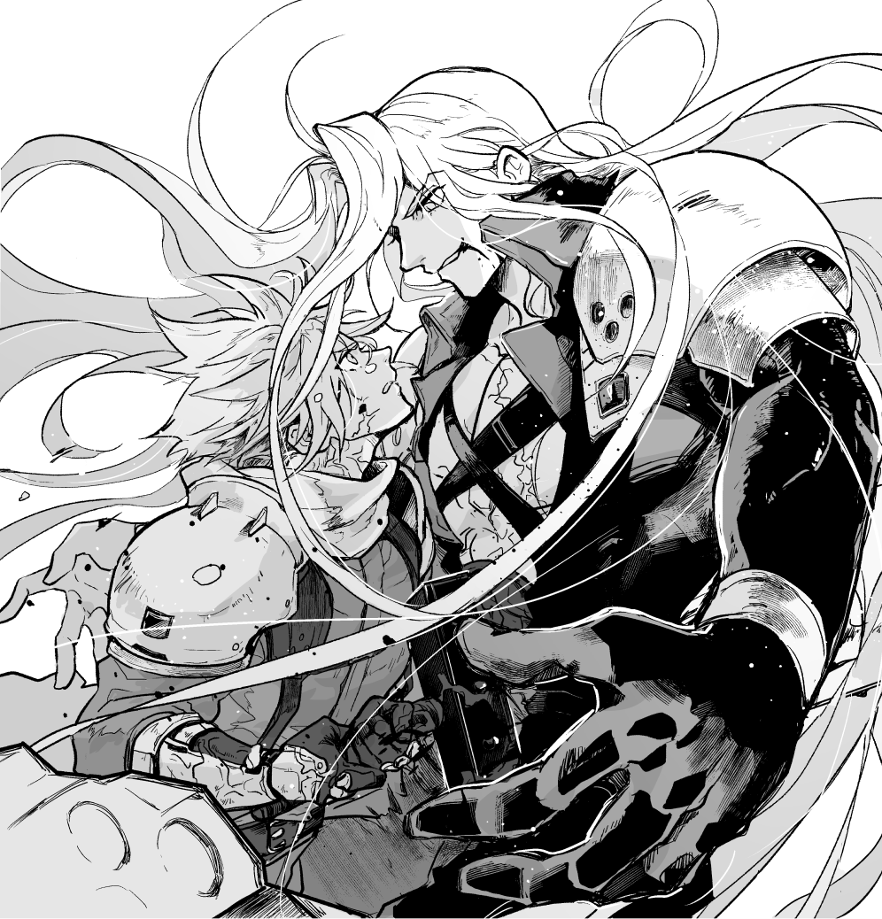 2boys, armor, black_coat, black_gloves, blood, blood_from_mouth, buster_sword, chest_strap