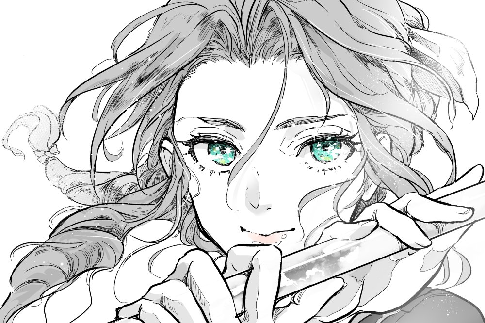 1girl, aerith_gainsborough, braid, braided_ponytail, close-up, final_fantasy, final_fantasy_vii, final_fantasy_vii_rebirth, final_fantasy_vii_remake, green_eyes, hair_between_eyes, hair_ribbon, holding, holding_staff, long_hair, looking_at_viewer, parted_bangs, pink_lips, ribbon, sidelocks, single_braid, smile, solo, spot_color, staff, upper_body, wavy_hair, white_background, wxz