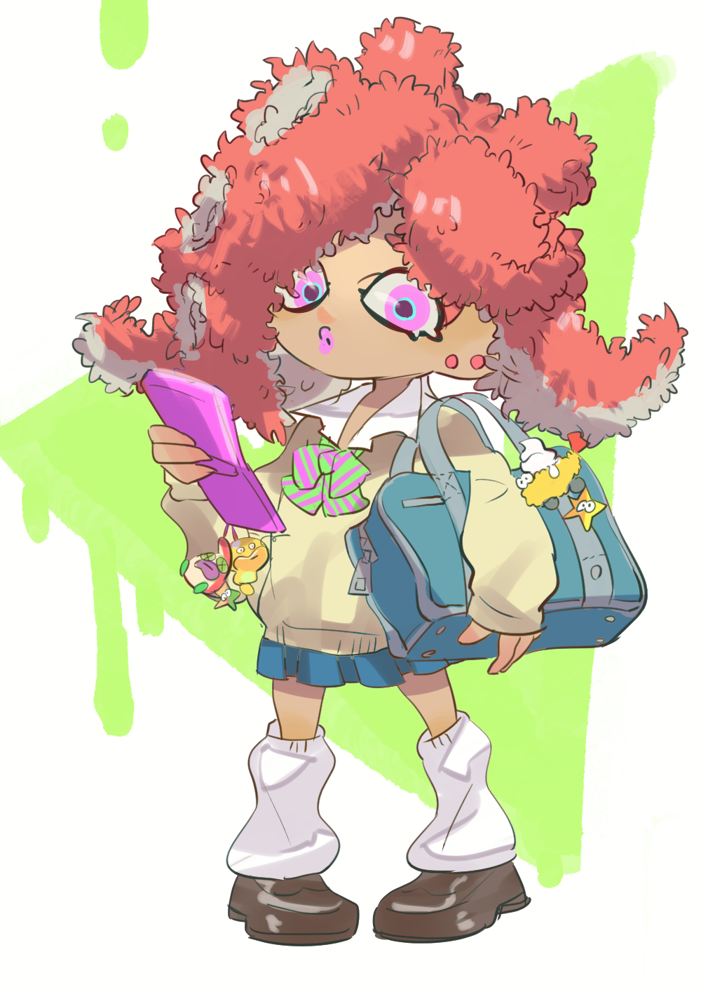 1girl, bag, big_hair, blue_bag, blue_skirt, bow, bowtie, brown_shoes