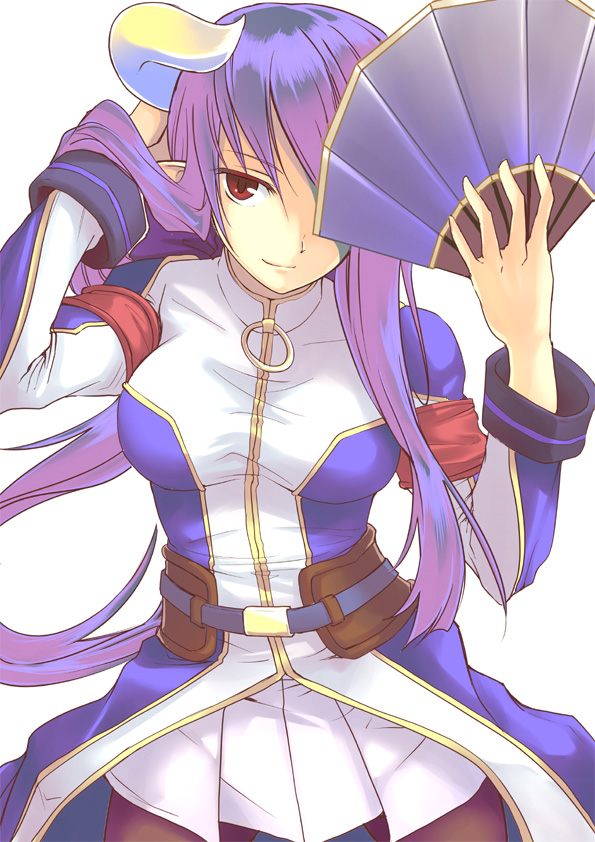 1girl, adjusting_hair, belt, breasts, female_focus, gradient_hair, hand_fan, horns