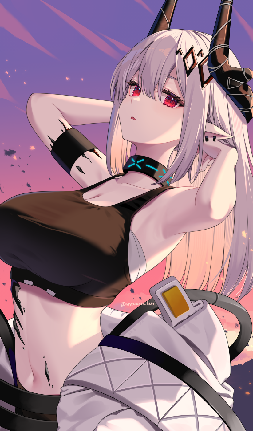 1girl, arknights, armpits, arms_up, bare_arms, bare_shoulders, black_horns, black_sports_bra