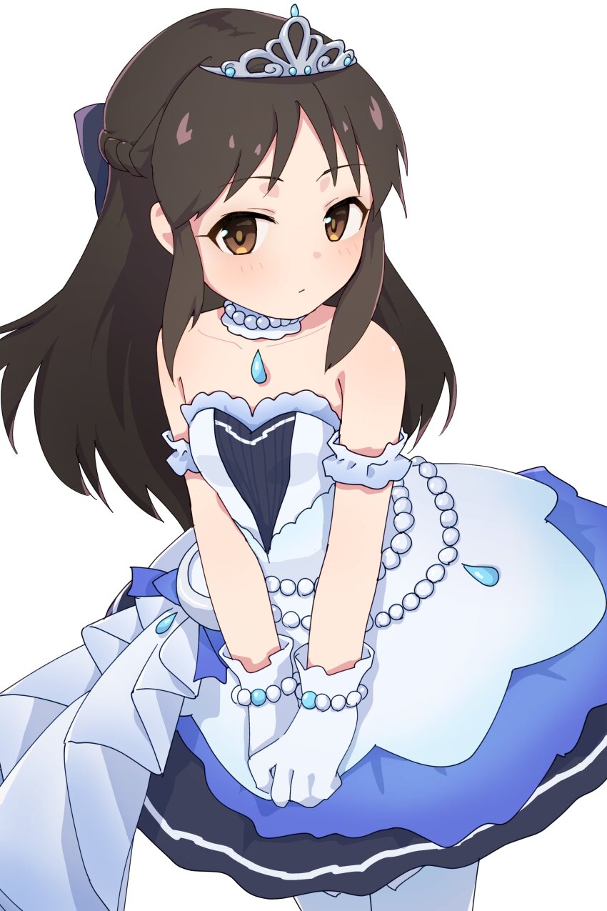 1girl, absurdres, arm_garter, bare_shoulders, black_hair, blush, bracelet, brown_eyes