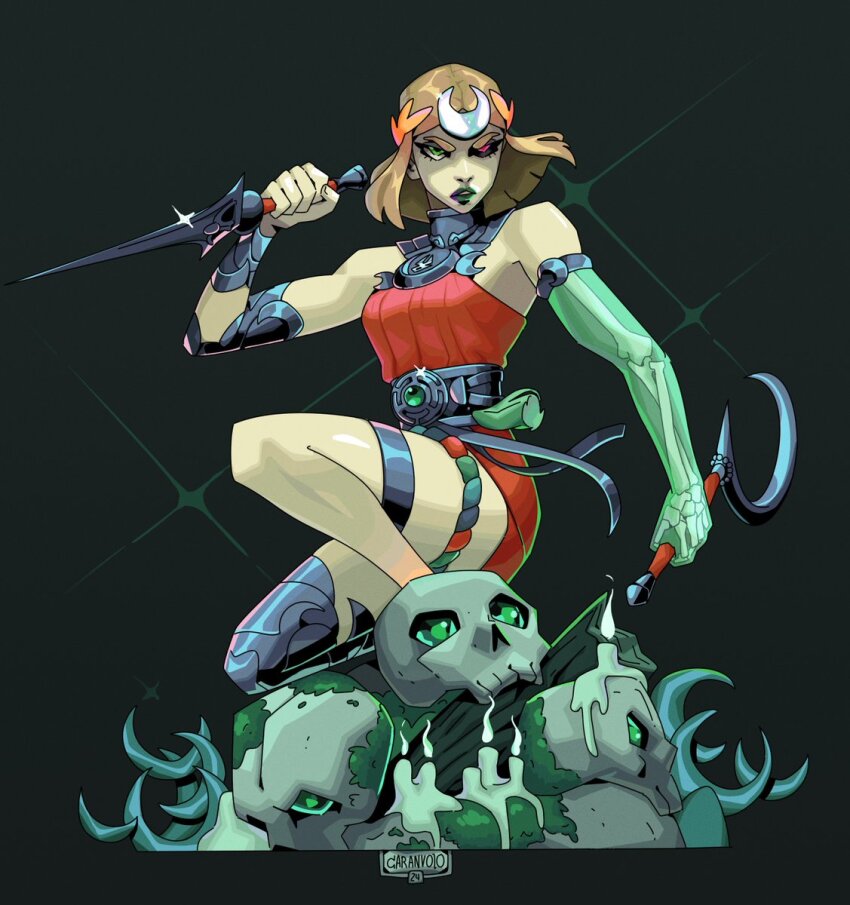 1girl, ancient_greek_clothes, artist_name, bare_shoulders, black_sclera, blonde_hair, bone, breasts