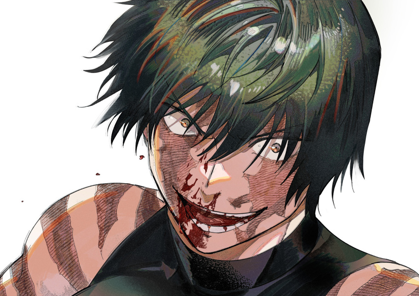 1girl, black_shirt, blood, blood_on_face, evil_smile, green_hair, hair_between_eyes, highres, jujutsu_kaisen, looking_at_viewer, open_mouth, portrait, rotated, s_o_i, scar, scar_on_shoulder, shirt, short_hair, simple_background, sleeveless, sleeveless_shirt, smile, solo, teeth, tongue, v-shaped_eyebrows, white_background, yellow_eyes, zen'in_maki, zen'in_maki_(post_shibuya)