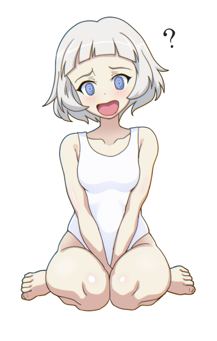 1girl, ?, @_@, between_legs, blue_eyes, breasts, girls_und_panzer, gogopaint, grey_hair, hand_between_legs, heart, lipstick, makeup, one-piece_swimsuit, open_mouth, simple_background, sitting, sophia_(girls_und_panzer), swimsuit, wariza, white_background, white_one-piece_swimsuit