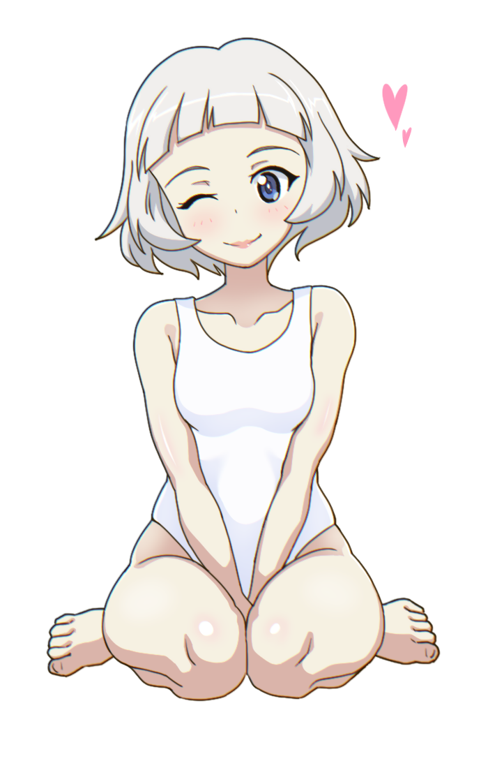 1girl, between_legs, blue_eyes, breasts, girls_und_panzer, gogopaint, grey_hair, hand_between_legs, heart, lipstick, makeup, one-piece_swimsuit, one_eye_closed, simple_background, sitting, sophia_(girls_und_panzer), swimsuit, wariza, white_background, white_one-piece_swimsuit
