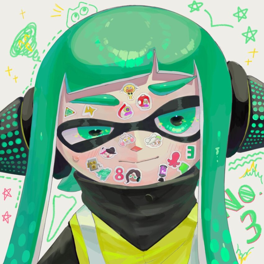 1girl, agent_3_(splatoon), black_shirt, blunt_bangs, blush, callie_(splatoon), character_name, character_sticker
