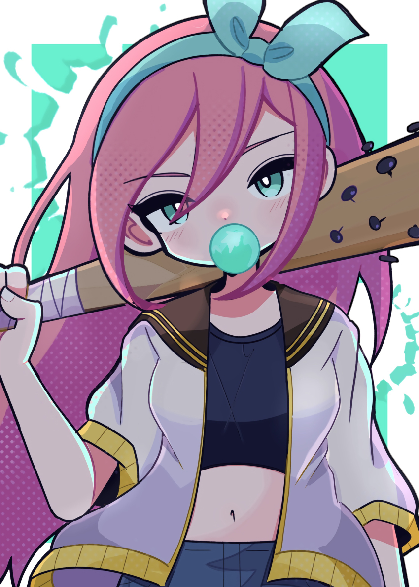 1girl, absurdres, aubrey_(faraway)_(omori), aubrey_(omori), baseball_bat, blowing_bubble_gum, blowing_bubbles, blue_eyes, blue_skirt, chewing_gum, denim, denim_skirt, hairband, highres, holding, holding_baseball_bat, jacket, katuo_no, long_hair, looking_at_viewer, nail_(hardware), nail_bat, navel, omori, pink_hair, short_sleeves, skirt, solo, white_jacket