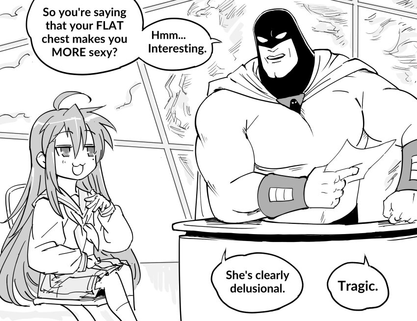 1boy, 1girl, :3, :d, absurdres, ahoge, bb_(baalbuddy), bodysuit, cape, cartoon_network, chair, commentary, crossover, desk, english_commentary, english_text, flat_chest, greyscale, highres, interview, izumi_konata, jitome, long_hair, long_sleeves, looking_at_another, lucky_star, monochrome, muscular, muscular_male, open_mouth, pleated_skirt, school_uniform, sitting, skirt, smile, space_ghost, space_ghost_(series), space_ghost_coast_to_coast, speech_bubble, superhero_costume