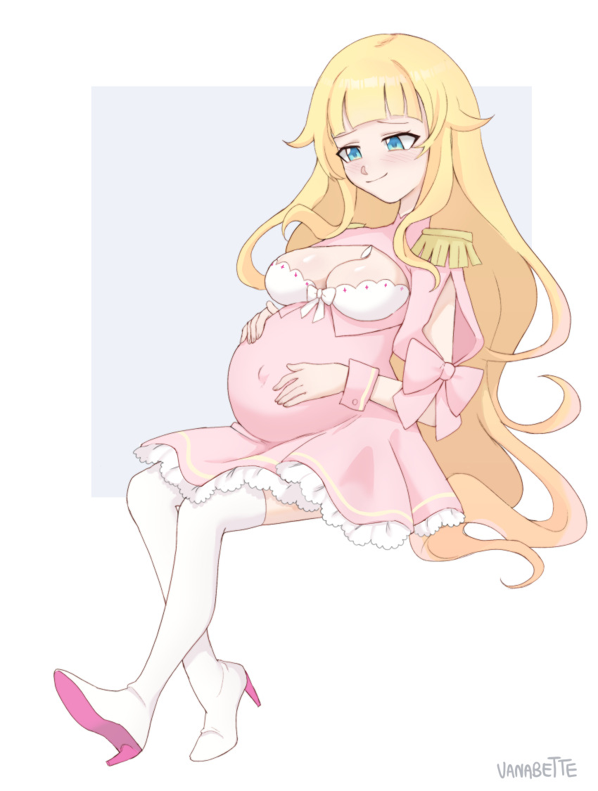 1girl, absurdres, beelzebub-jou_no_okinimesu_mama., beelzebub_(beelzebub-jou), big_belly, blonde_hair, blue_eyes, boots, breasts, cleavage, cleavage_cutout, closed_mouth, clothing_cutout, dress, frilled_dress, frills, full_body, hands_on_own_stomach, high_heels, highres, large_breasts, light_blush, long_hair, looking_down, pink_dress, pink_wrist_cuffs, pregnant, signature, simple_background, sitting, smile, solo, stiletto_heels, thigh_boots, vanabette, very_long_hair, wrist_cuffs