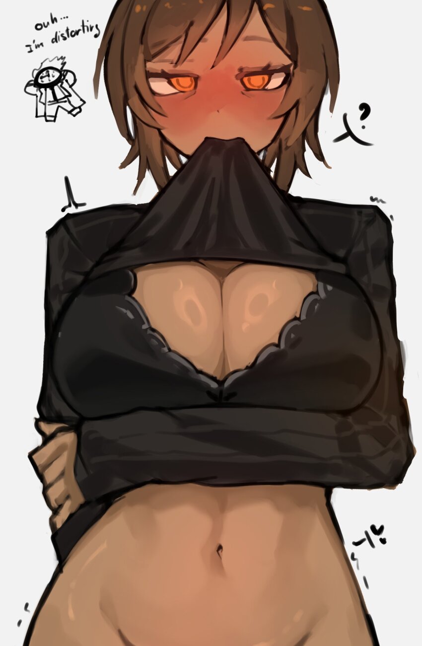 ?, arm_under_breasts, black_bra, black_sweater, blush, bra, breasts, brown_hair, cleavage, clock, clothes_in_mouth, coat, dante_(limbus_company), dark-skinned_female, dark_skin, embarrassed, english_text, highres, large_breasts, limbus_company, mature_female, necktie, no_panties, orange_eyes, out-of-frame_censoring, outis_(project_moon), project_moon, shigezie, short_hair, spoken_question_mark, sweater, underwear