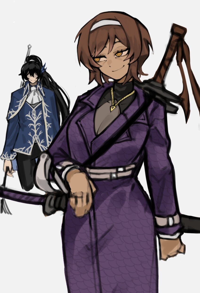 1boy, 1girl, argalia_(project_moon), black_hair, black_pants, black_shirt, blue_cape, blue_coat