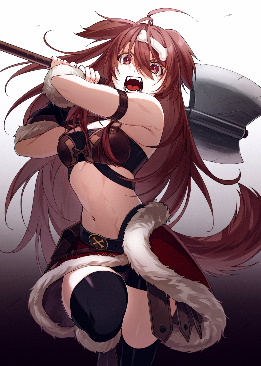1girl, absurdres, animal_ears, armor, axe, bone_hair_ornament, boots, brown_eyes, brown_hair, cartoon_bone, dog_ears, dog_girl, fangs, fur-trimmed_boots, fur_skirt, fur_trim, hair_ornament, highres, holding, holding_axe, hololive, inugami_korone, inugami_korone_(viking), leather_armor, long_hair, looking_at_viewer, navel, official_alternate_costume, onimoti, open_mouth, simple_background, solo, viking, virtual_youtuber