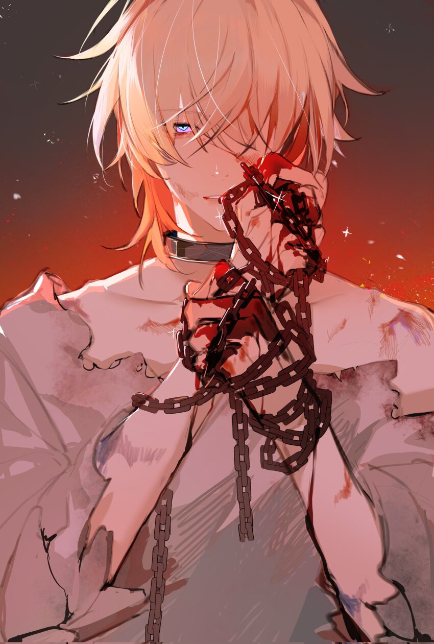 1boy, aventurine_(honkai:_star_rail), blonde_hair, blood, blood_on_face, blood_on_hands, chain, hair_over_one_eye, highres, honkai:_star_rail, honkai_(series), injury, kakavasha_(honkai:_star_rail), looking_at_viewer, male_focus, messy_hair, multicolored_eyes, shirt, short_hair, solo, torn_clothes, torn_shirt, two-tone_eyes, xiayabaier
