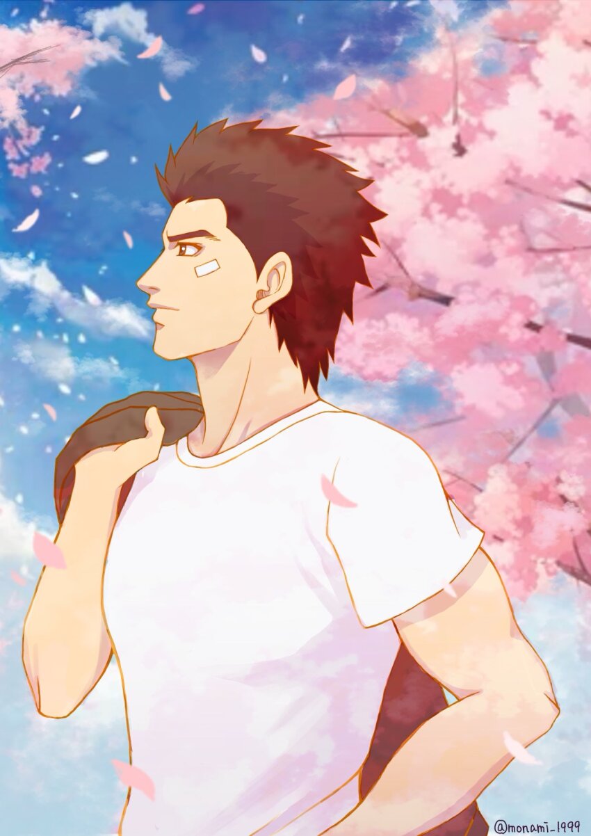 bandage_on_face, bandages, biceps, brown_eyes, brown_hair, cherry_blossoms, cloud, day