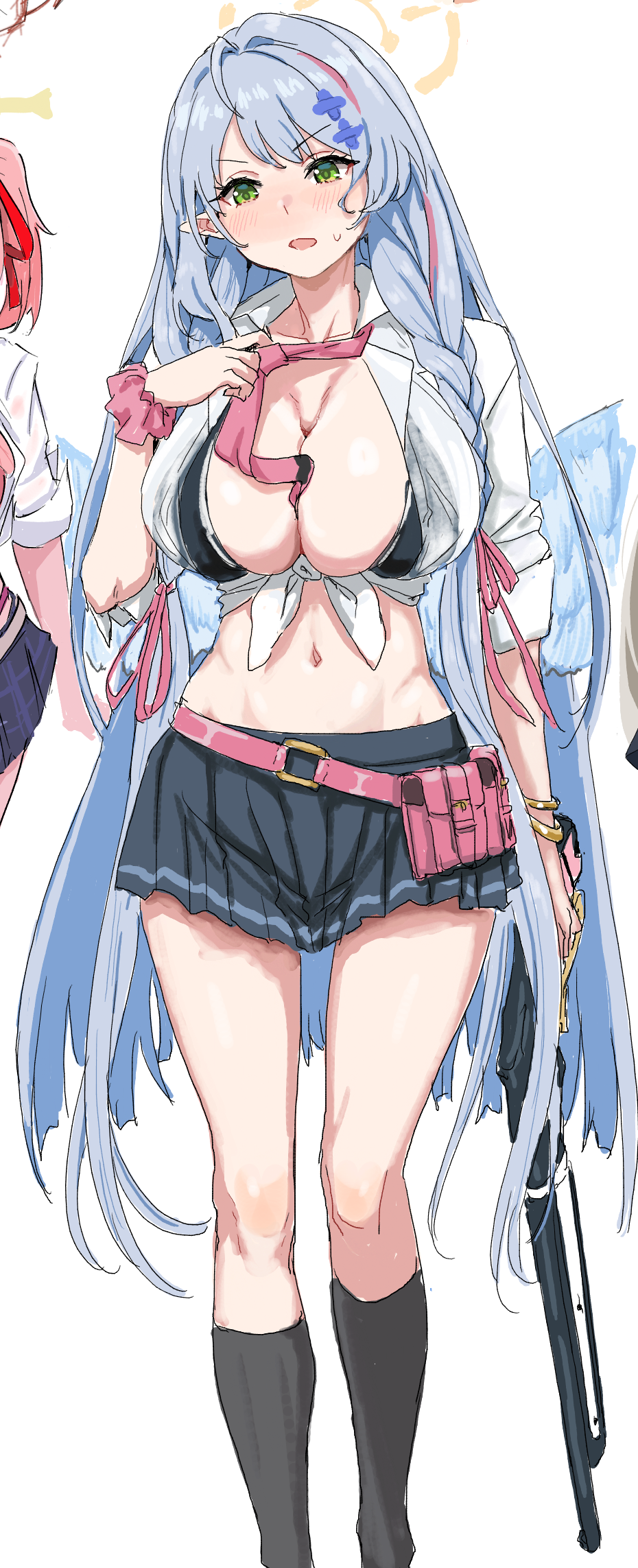 2girls, alternate_costume, between_breasts, black_socks, blue_archive, blue_hair, blush, breasts