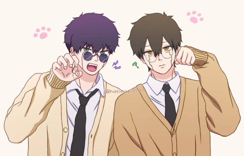 2boys, black_hair, black_necktie, collared_shirt, facial_mark, glasses, jacket, long_sleeves