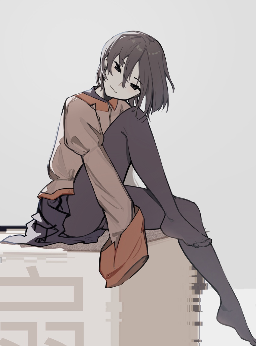 1girl, :3, absurdres, baisebandaoti1, black_eyes, black_hair, black_pantyhose, black_skirt, bob_cut, character_name, closed_mouth, collared_shirt, commentary, cube, dress_shirt, from_side, full_body, glitch, head_tilt, highres, juliet_sleeves, knee_up, long_sleeves, looking_at_viewer, looking_to_the_side, monogatari_(series), naoetsu_high_school_uniform, narrowed_eyes, no_necktie, no_shoes, oshino_ougi, pale_skin, pantyhose, pink_shirt, pleated_skirt, puffy_sleeves, school_uniform, shirt, short_hair, sitting, skirt, sleeves_past_fingers, sleeves_past_wrists, smile, solo, toes, translated, undershirt, upskirt, white_background