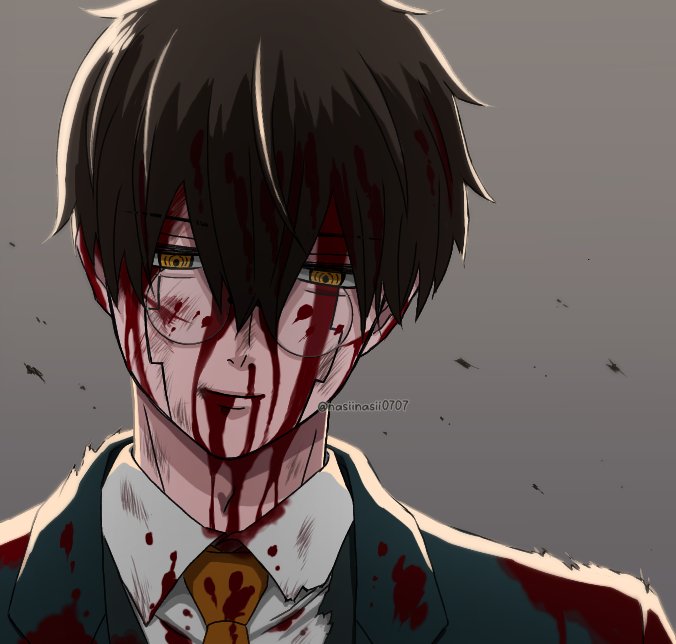 1boy, black_hair, blood, closed_mouth, collared_shirt, facial_mark, glasses, jacket, mashle, nasiinasii0707, necktie, orange_necktie, orter_madl, round_eyewear, shirt, short_hair, solo, upper_body, white_shirt, yellow_eyes