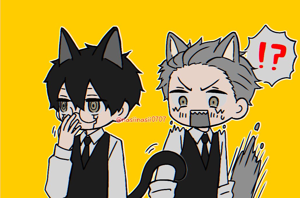 !?, 2boys, animal_ears, black_hair, cat_ears, cat_tail, character_request, collared_shirt, facial_mark, glasses, long_sleeves, mashle, multiple_boys, nasiinasii0707, necktie, open_mouth, orter_madl, round_eyewear, sharp_teeth, shirt, short_hair, spoken_interrobang, tail, teeth, upper_body, v-shaped_eyebrows, vest, white_shirt